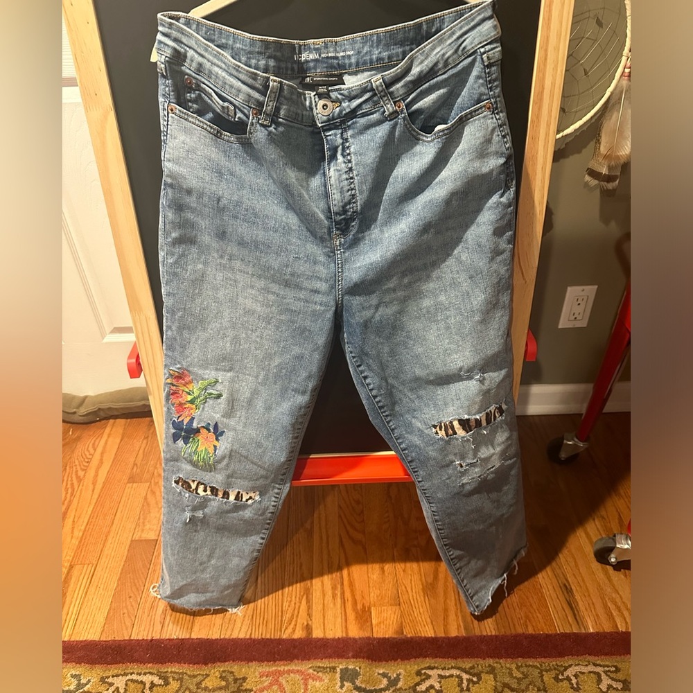 Inc jeans distressed embroidery and fabric added